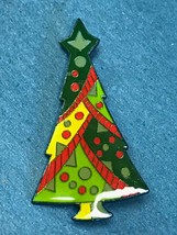 Vintage Dark &amp; Light Green w Yellow &amp; Red Garland Enamel Plastic Christmas Tree - £19.66 GBP