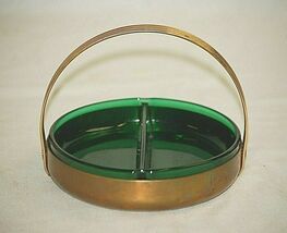 An item in the Pottery & Glass category: Green Depression Glass Divided Candy Dish Bowl Metal Handled Carrier Vintage