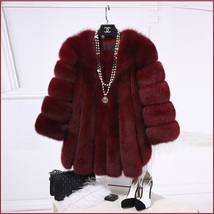Long Full Pelt Burgundy Fox Faux Fur O Neck with Long Sleeves Luxury Fur Coat image 2