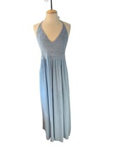 Sand &amp; Spirit Dress Blue Boho Crochet Crinkled Maxi Flare Ties Tassels S... - £31.61 GBP
