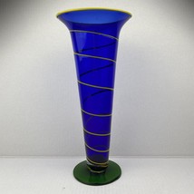 Vintage Cobalt Blue Yellow Applied Green Base Hand Blown Art Glass Trumpet Vase - £141.30 GBP