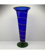 Vintage Cobalt Blue Yellow Applied Green Base Hand Blown Art Glass Trump... - £138.24 GBP