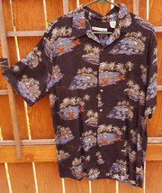 Batik Bay Short Sleeve Shirt-L-Village Scene-Button Up-Rayon-Hawaiian-Black-Pkt - £16.61 GBP