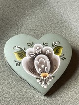 Vintage Large Blue &amp; Gray Painted Norwegian Rosemaling Heart Shaped Wood Pin Bro - £10.46 GBP