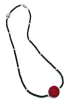 Vintage Faceted Black Spinel Yin Tang Cinnabar Sterling Silver Bead Necklace - £38.15 GBP