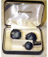 VINTAGE cufflinks and tie clasp Pioneer brand black with white cloud cloudy - $14.99