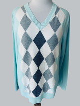 VAN HEUSEN LADIES LONG SLEEVE VNECK AQUA ARGYLE PATTERNED SWEATER NEW SI... - £37.78 GBP