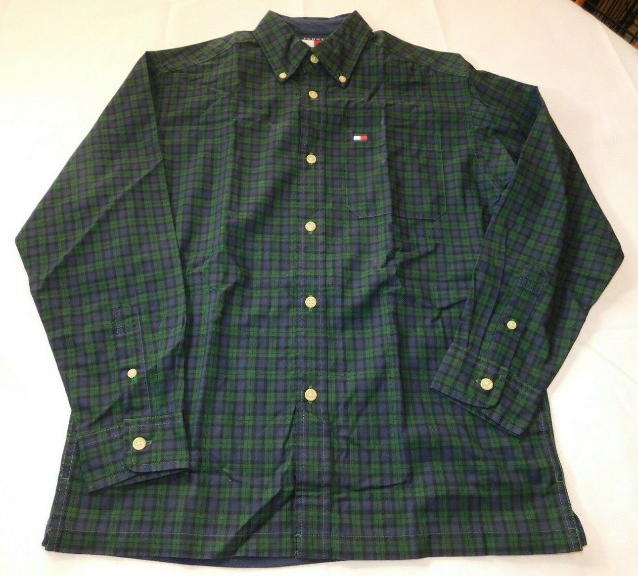 Tommy Hilfiger Youth Boy's Long Sleeve Button Up Shirt Size M Plaid Blue Green - $20.58