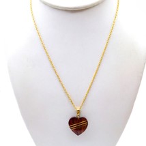 Vintage Boho Heart Pendant Necklace, Shaped Wood with Golden Wire Inlay on Gold - £22.06 GBP