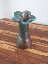 Raku Art Pottery Bud Vase Purple Green Copper Iridescence 6&quot; Blooming Flower - £9.54 GBP
