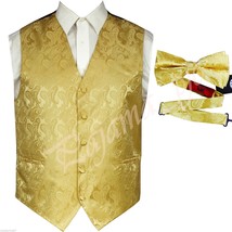 GOLD  XS to 6XL Paisley Tuxedo Suit Dress Vest Waistcoat &amp; Bow tie Weddi... - $24.12+