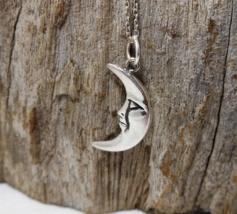925 Silver Crescent Moon Face Pendant, Handmade Charm Bracelet, Unisex Jewelry - £17.86 GBP