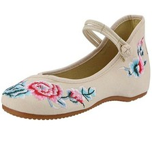 CINAK Floral Embroidered Ankle Buckle Women Shoes Chinese Ballet Flats BEIGE - £19.30 GBP