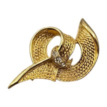 Abstract Design Ribbon Brooch Three Clear Rhinestones Textured Gold Tone Vtg - £6.98 GBP