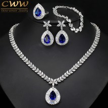 Water Drop Royal Blue CZ Necklace Earrings Ring And Bracelet 4 Piece Wedding Jew - £58.12 GBP