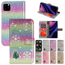 For iPhone 11 Pro Max 6S 7 8 Plus XR Christmas Tree Glitter Leather Wallet Case - £47.04 GBP