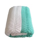 VTG Crochet Knit Throw Blanket Stripe Teal White Handmade 80x80 w Flaws - $58.70 CAD