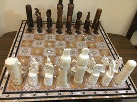 Handmade Chess pieces Real Camel Bones &amp; Chess Board Inlaid mother of Pearl 20&quot; - £495.60 GBP