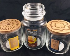 Yankee Candle Empty Glass Jar Storage Jar Diy Craft Set Of 3 Wooden Lid - £11.41 GBP