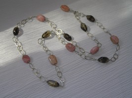 Estate Long Silvertone Open Oval Metal Chain with Pink Stone Bronze Plastic Bead - £12.65 GBP