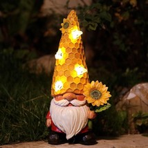 Solar Lighted Sunflower Bee Harvest Garden Gnome Light Outdoor Statue Home Decor - $28.83