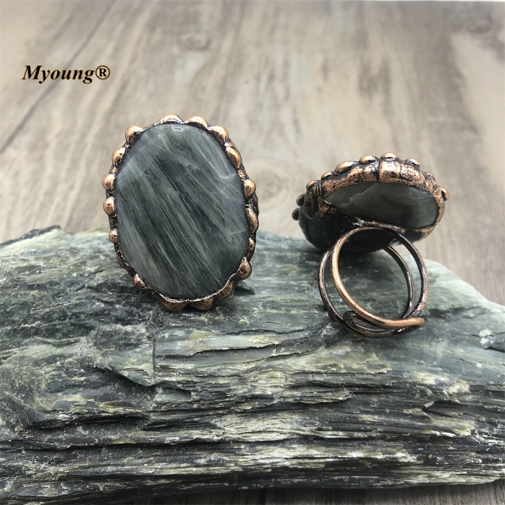 Soldered Large Oval Shape Natural Green Grain Stone Vintage Rings For Women MY22 - $78.02