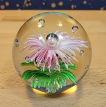 Pink Dahlia Flower Art Glass Paperweight Dynasty Gallery? Bubble 3”x3” - £24.05 GBP