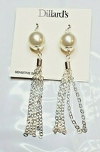 Dillard&#39;s Silver Tone French Wire Earrings Silver Dangle Pearl With Tassel New - £10.67 GBP