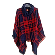 Cowl Neck Poncho OSFA Navy Red Tartan Plaid Fringe Velour Sweater Comfy ... - £15.72 GBP