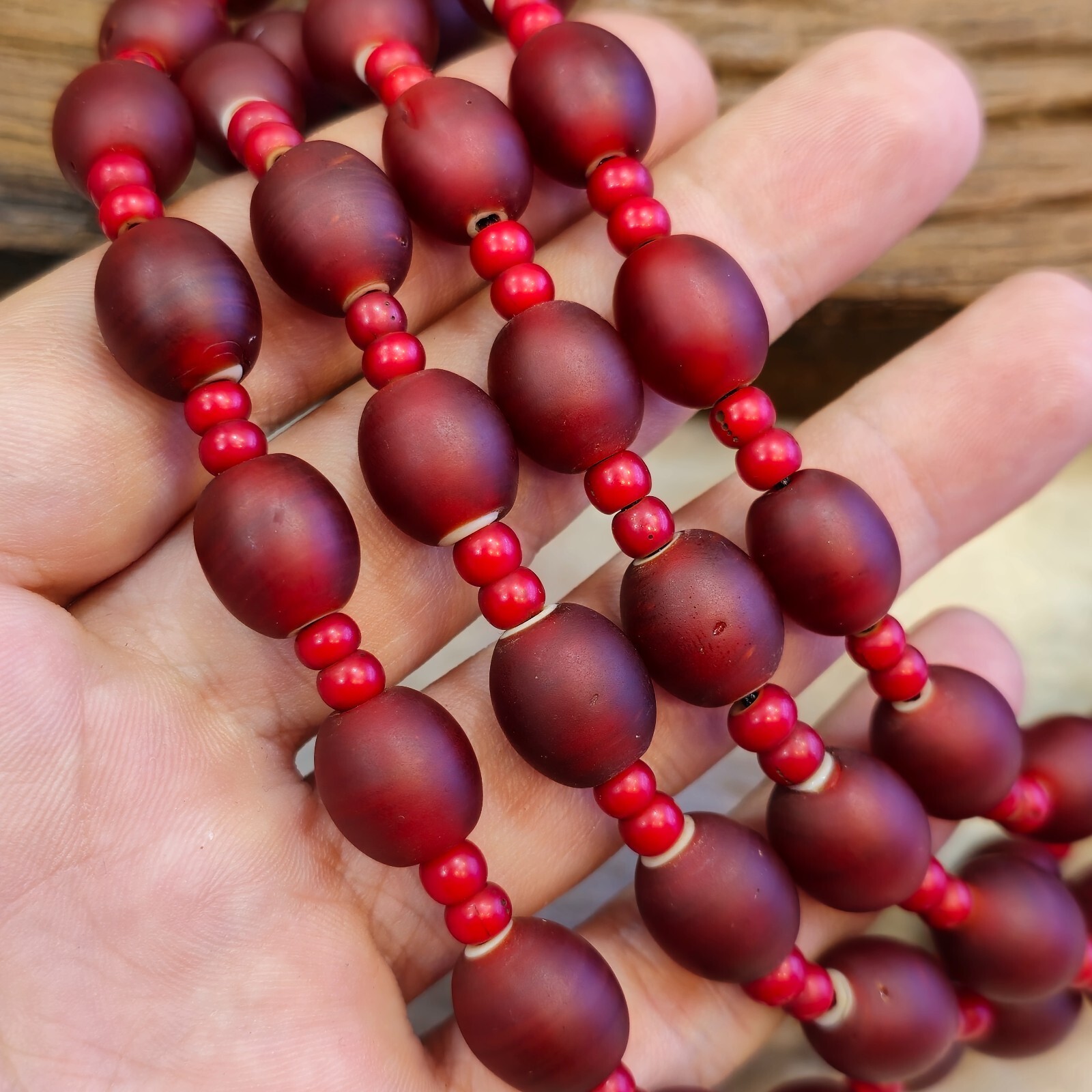 Vintage Venetian white heart and Red glass Trade Beads Beaded Necklace - $51.18
