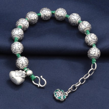 Sterling Silver Flowers Beaded Bracelet With Lotus And Fu Charm,Gift For Her - £48.51 GBP