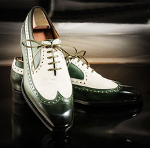 Oxford Two Tone Leather Shoes Green White Wing Tip Men Premium Quality H... - $127.39