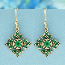 Natural Emerald Vintage Style Floral Drop Earrings in Solid 9K Yellow Gold - £672.31 GBP