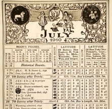 July August 1910 Calendar Page Moon Phases Sun Double Sided Ephemera ADB... - $29.99