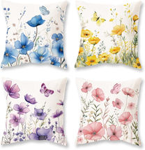 Spring Floral Pillow Covers 18X18 Set of 4 Summer Flowers Throw Cushion Cases fo - £16.21 GBP