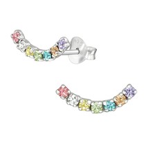 Curved Silver Bar 925 Silver Stud Earrings with Crystals - $14.01