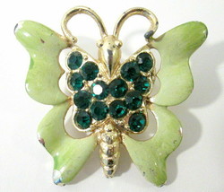 Vintage Green Enamel &amp; Rhinestone Butterfly Brooch Pin - £8.63 GBP