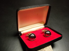 Swank Cuff Links Gold Color Metal Deep Red Sparkly in Black Presentation Box - $19.99