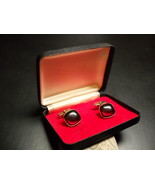 Swank Cuff Links Gold Color Metal Deep Red Sparkly in Black Presentation... - $19.99