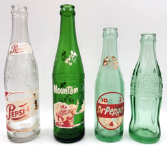 4 Soda Pop Bottles from 1950&#39;s - 60&#39;s Pepsi Mountain Dew Dr. Pepper Coke... - $23.00