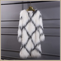 White Long Shaggy Hair Criss Cross Diamond Long Sleeve Mongolian Faux Fur Coat image 3