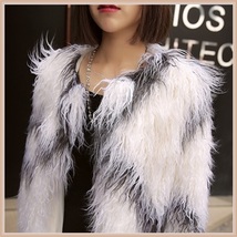 White Long Shaggy Hair Criss Cross Diamond Long Sleeve Mongolian Faux Fur Coat image 4