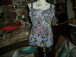 Anthropologie Kimchi Blue Romantic Gun Metal Gray Floral Blouse Size S - £11.07 GBP