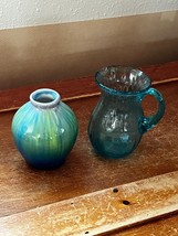 Lot of Small Blue Glass Pitcher &amp; Northern Lights Colors Glazed Mini Pot... - $14.89