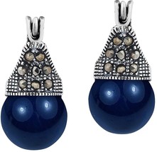 10Mm Blue Faux Pearl-Marcasite Pyrite Crown .925 Sterling Silver Huggie Earrings - £57.08 GBP