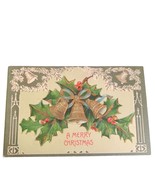 Postcard Merry Christmas Holly Snow Bells Gilded German Embossed Unposted - £16.81 GBP