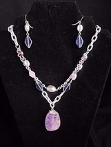 Laura Ashley Purple Silver Necklace and Earrings Glass Beads and stone - £14.34 GBP