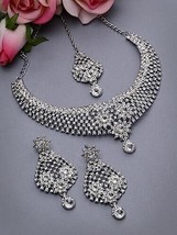 Rhodium Plated Silver AD White Stone Collar Necklace Set Earring Kundan Jewelry - £16.50 GBP