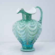 Fenton Iridescent Pitcher Vase Drapery Green Glass Ruffle 95th Anniversary 7.5&quot; - £144.96 GBP