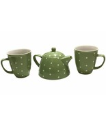 Farmhouse Tea for Two Tea Set Pot with 2 Mugs Green with Polka Dots Boho - $25.25